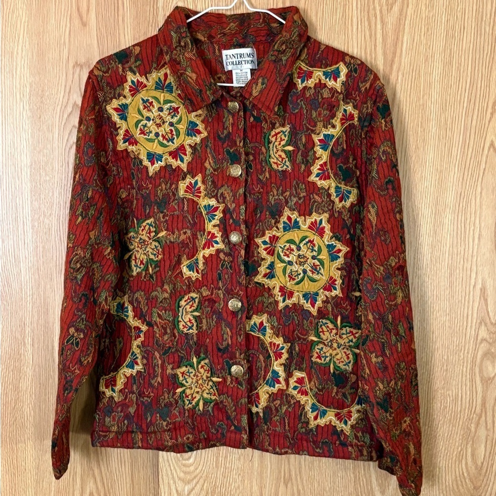 Tantrums Women's Burgundy Fall Patterned Embroidered Blazer Jacket